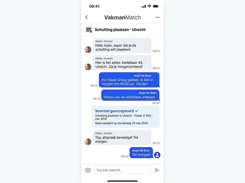 Chat tussen huiseigenaar en vakman met geaccepteerd voorstel